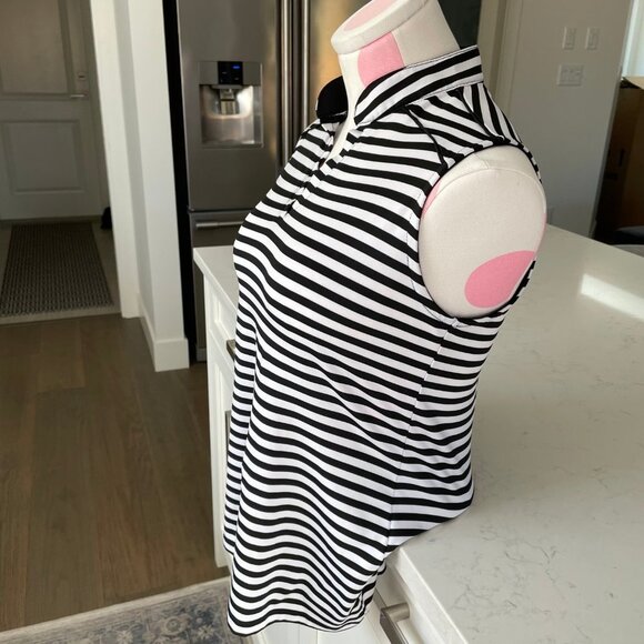 Fairways Slvless Mandarin Collar V Neck Striped DeLux Dri Golf Top Blk+Wht Sz S - Picture 3 of 10